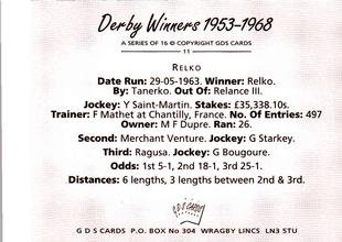 2000 GDS Cards Derby Winners 1953-1968 #11 Relko Back